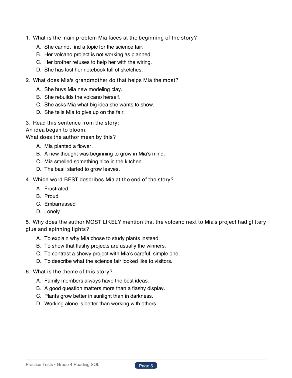 Test 1 questions 1–6 for The Science Fair Surprise cover Mia's problem, her grandmother's help, and theme