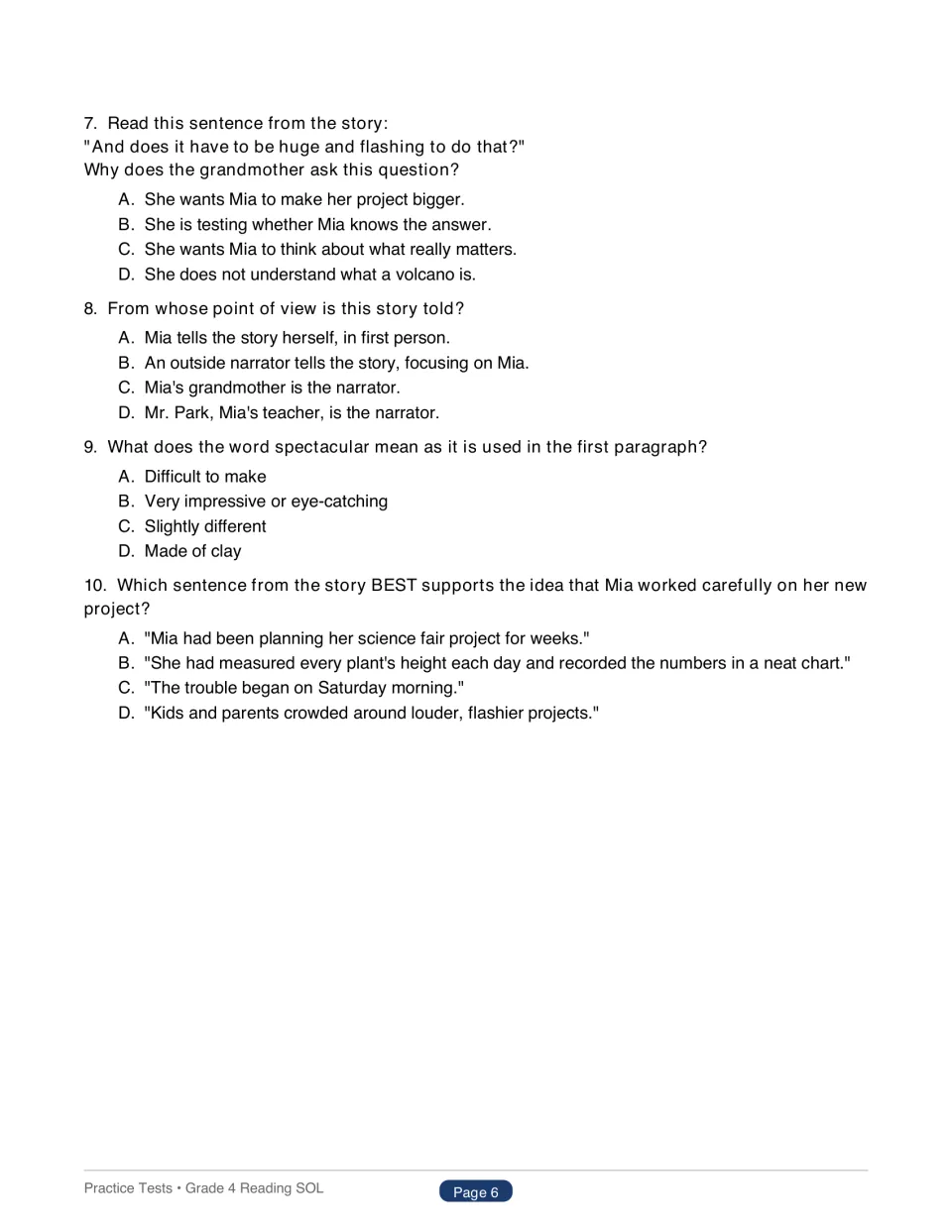 Test 1 questions 7–10 for The Science Fair Surprise ask about dialogue, point of view, vocabulary, and evidence
