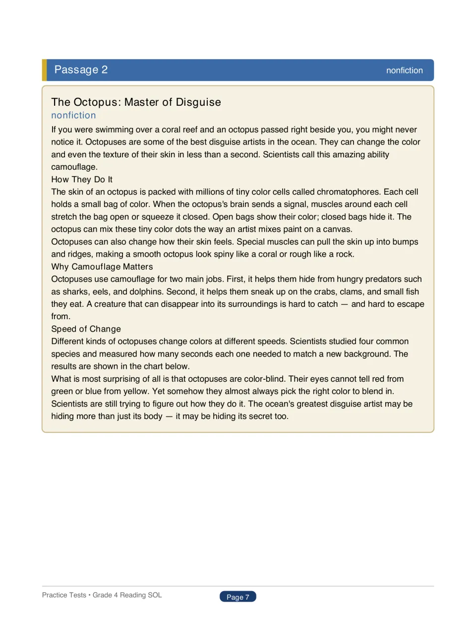 Test 1 nonfiction passage, The Octopus: Master of Disguise, explains color changes and camouflage for survival