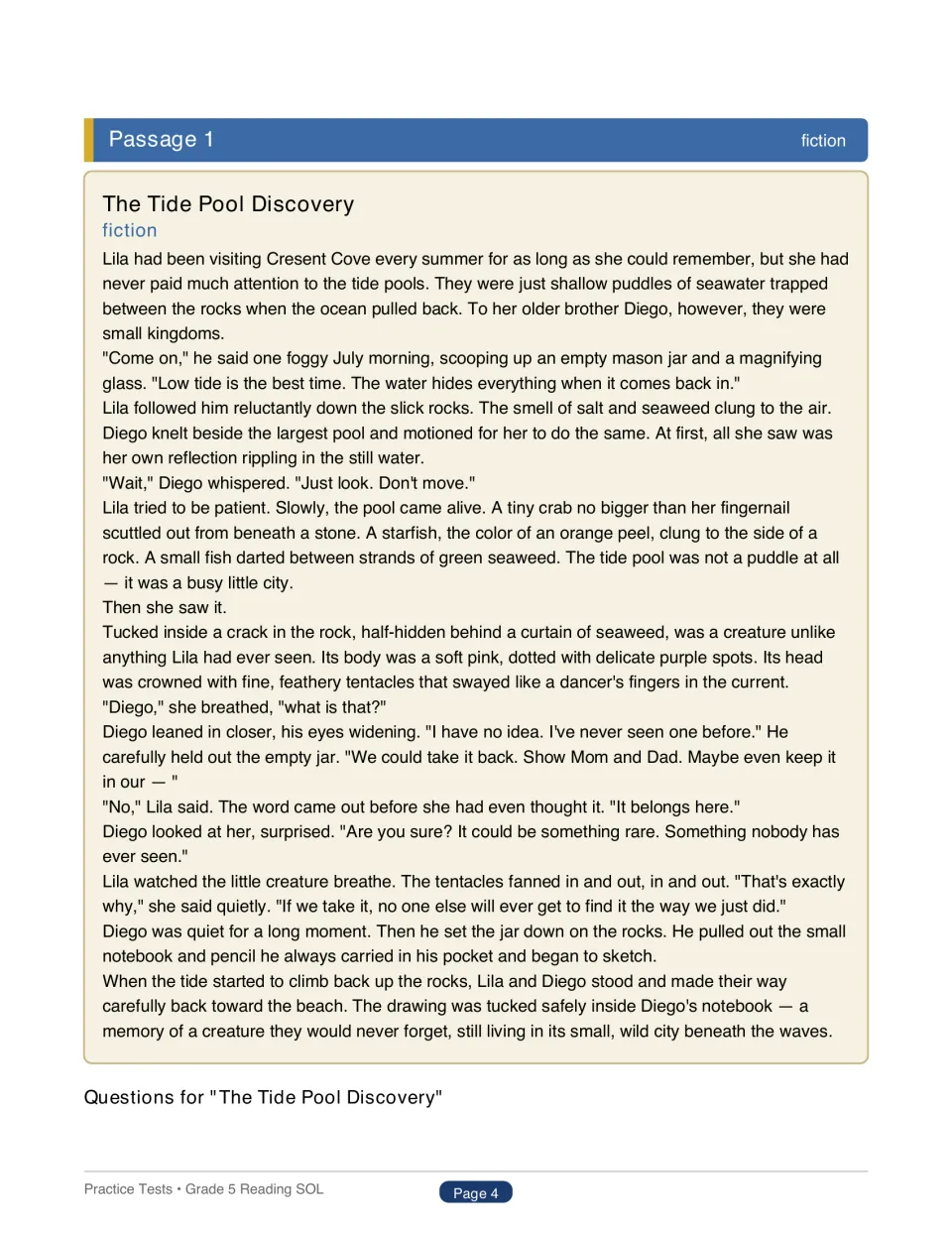 Test 1 fiction passage, The Tide Pool Discovery, follows Lila and Diego as they leave a sea creature in its home