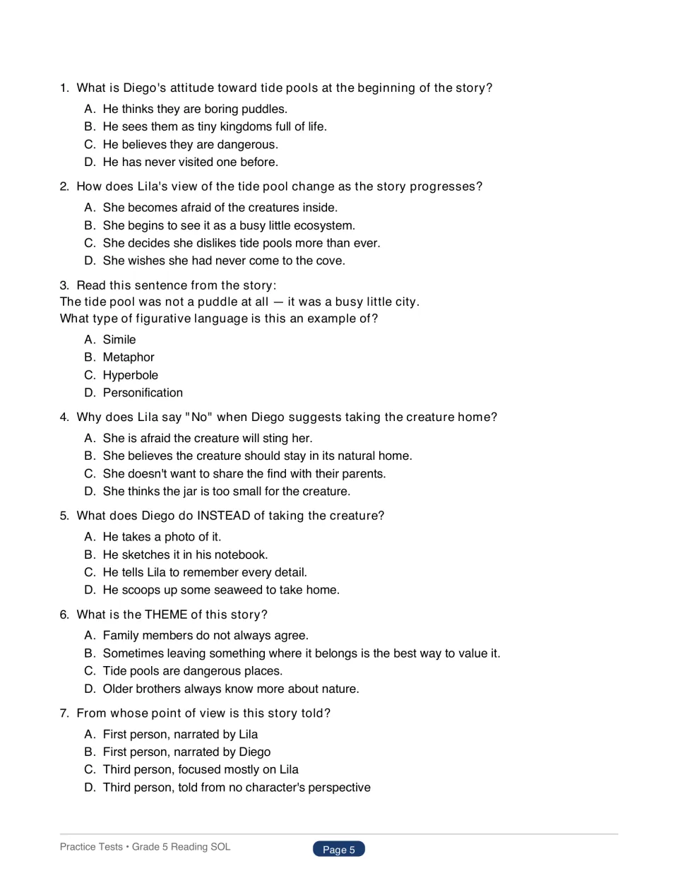 Test 1 questions 1–7 on The Tide Pool Discovery cover character views, metaphor, theme, and point of view