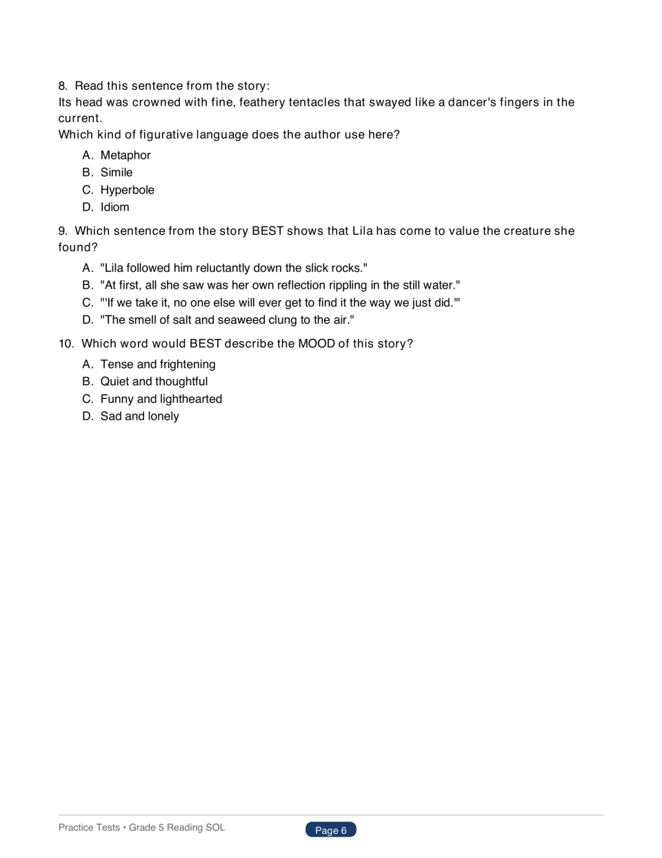 Test 1 questions 8–10 on The Tide Pool Discovery ask about a simile, evidence of Lila’s values, and mood