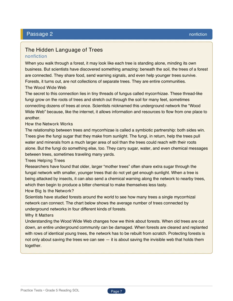 Test 1 nonfiction passage, The Hidden Language of Trees, describes fungi connecting trees underground