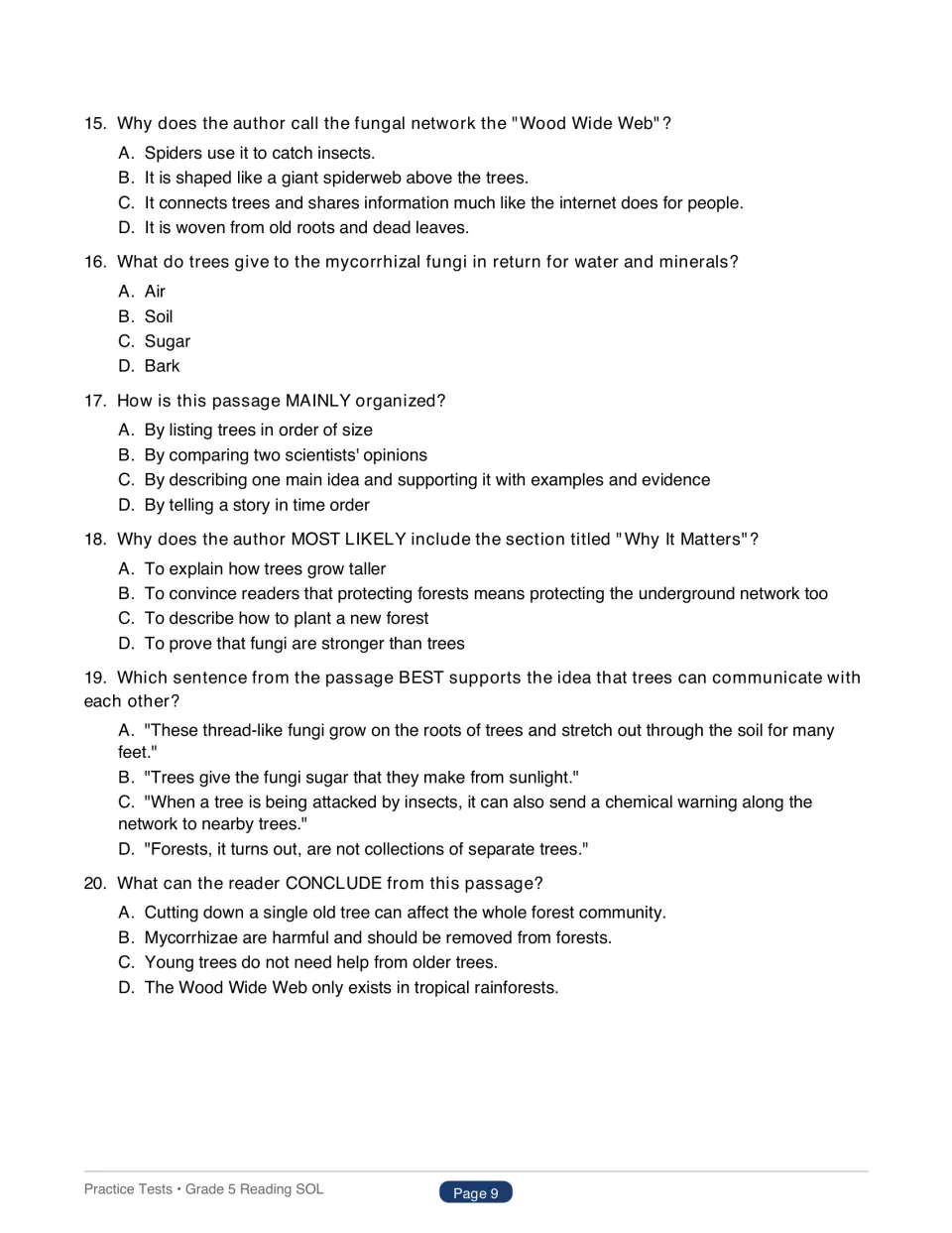 Test 1 questions 15–20 on The Hidden Language of Trees cover details, organization, purpose, and conclusions