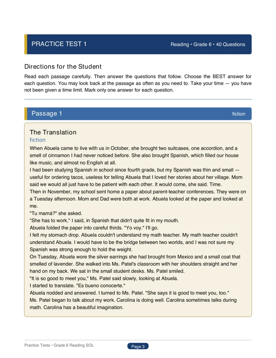 Practice Test 1 directions and fiction Passage 1, 'The Translation': Carolina translates for Abuela at a school conference