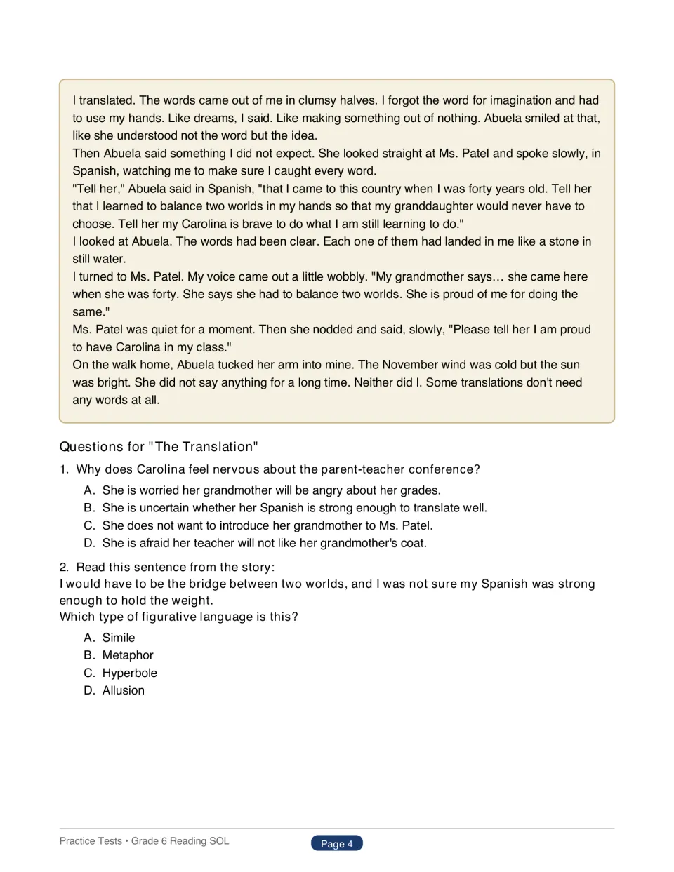 End of 'The Translation' and questions 1-2: why Carolina is nervous, and identifying a metaphor about being a bridge