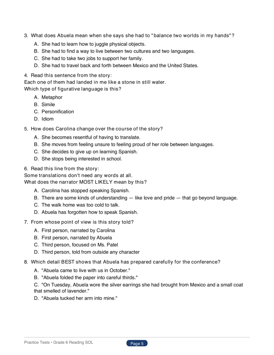 Questions 3-8 on 'The Translation': figurative meaning, simile, character change, point of view and supporting details