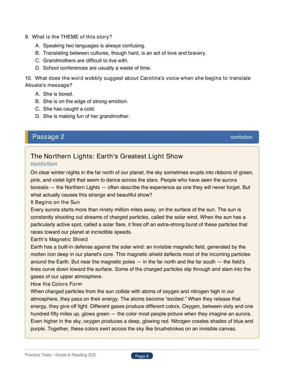 Questions 9-10 on theme and word meaning, then nonfiction Passage 2 on how solar particles create the Northern Lights