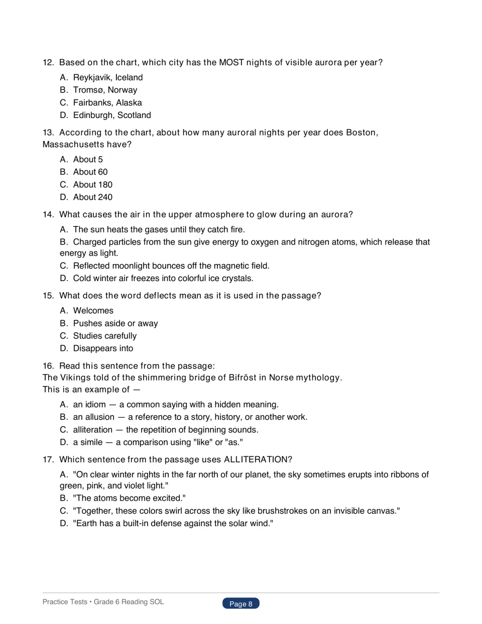 Questions 12-17 on the Northern Lights: reading the bar chart, cause and effect, vocabulary, allusion and alliteration