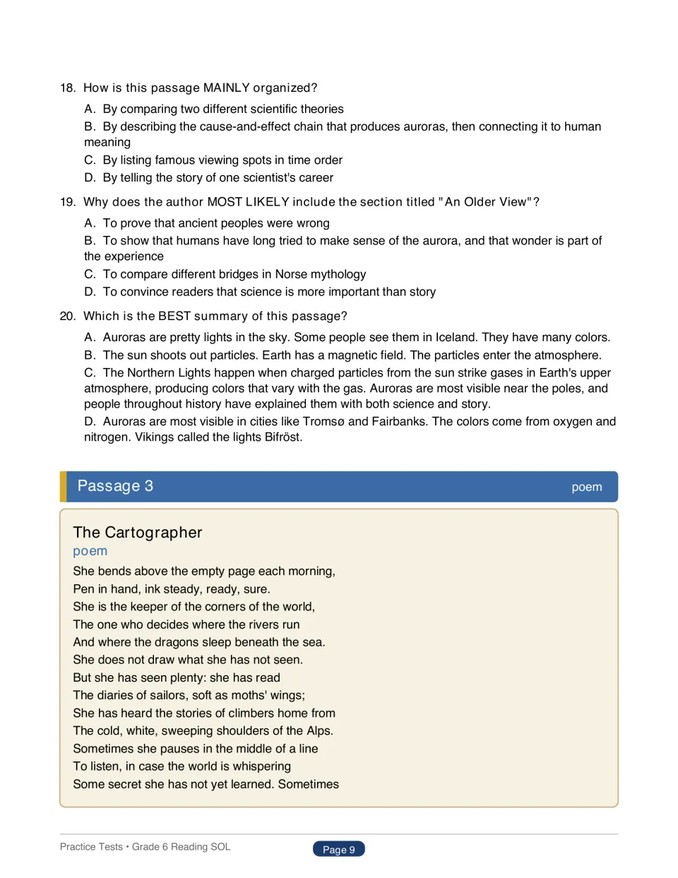 Questions 18-20 on how the aurora text is organized, why 'An Older View' is there and its summary; poem 'The Cartographer'