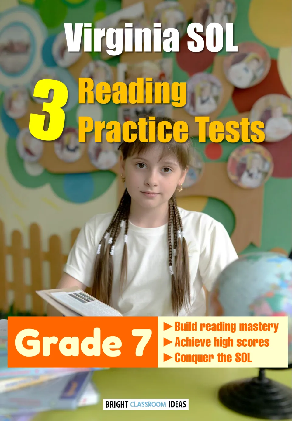 Cover of the Grade 7 Virginia SOL reading resource featuring three reading practice tests
