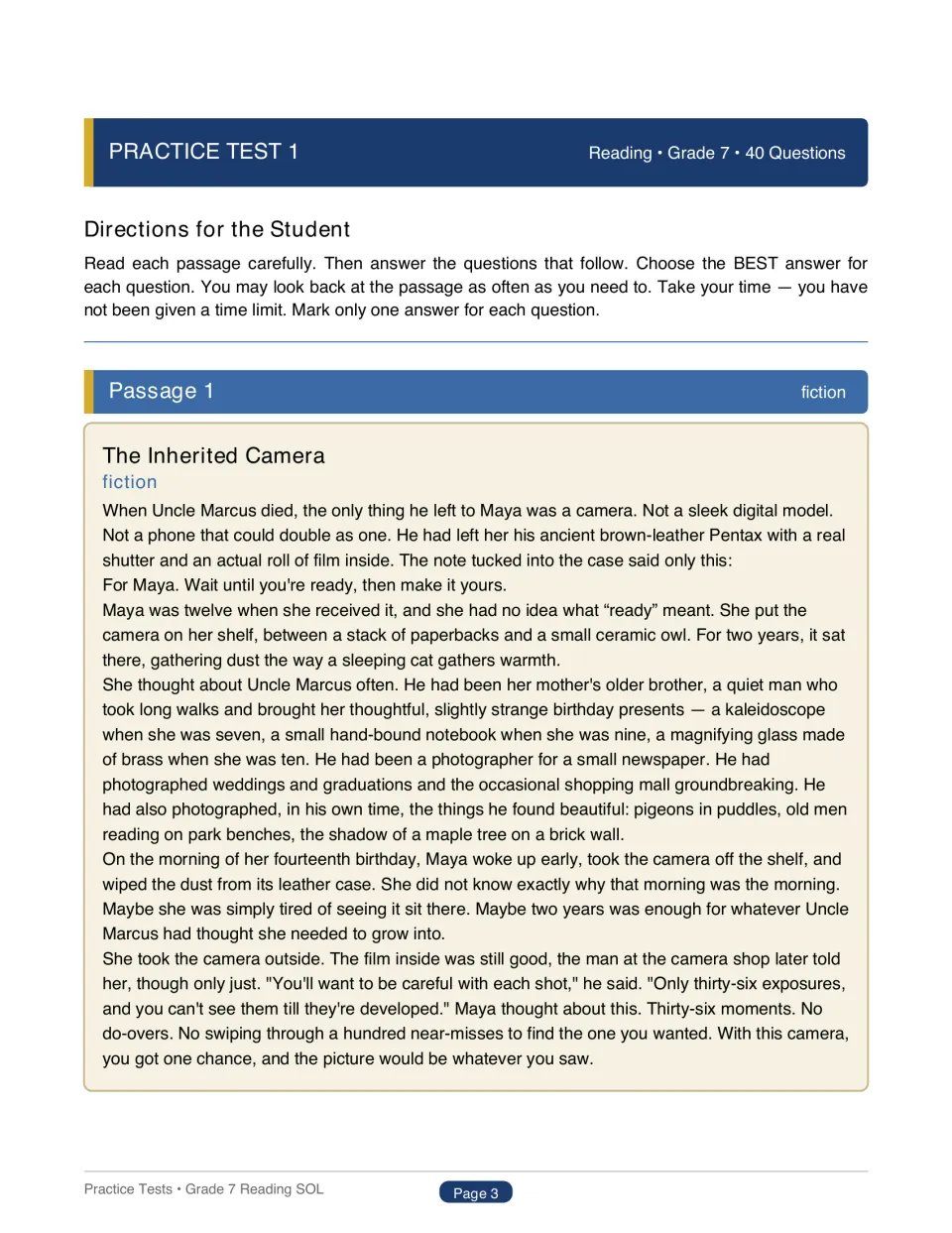 Practice Test 1 begins with student directions and The Inherited Camera, a story about Maya's uncle's gift