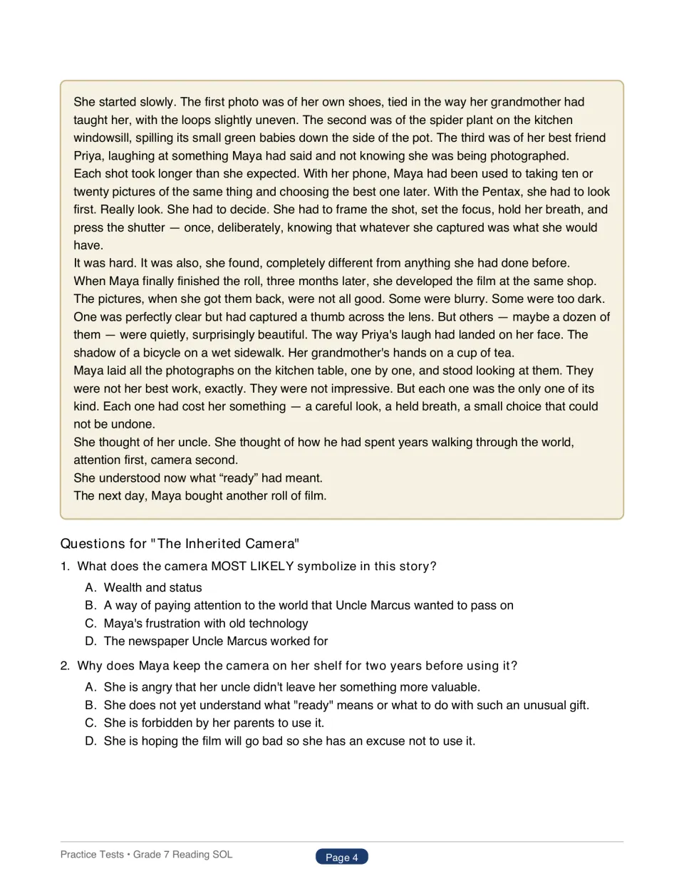 The Inherited Camera concludes as Maya develops her photos, followed by questions 1–2 about the camera