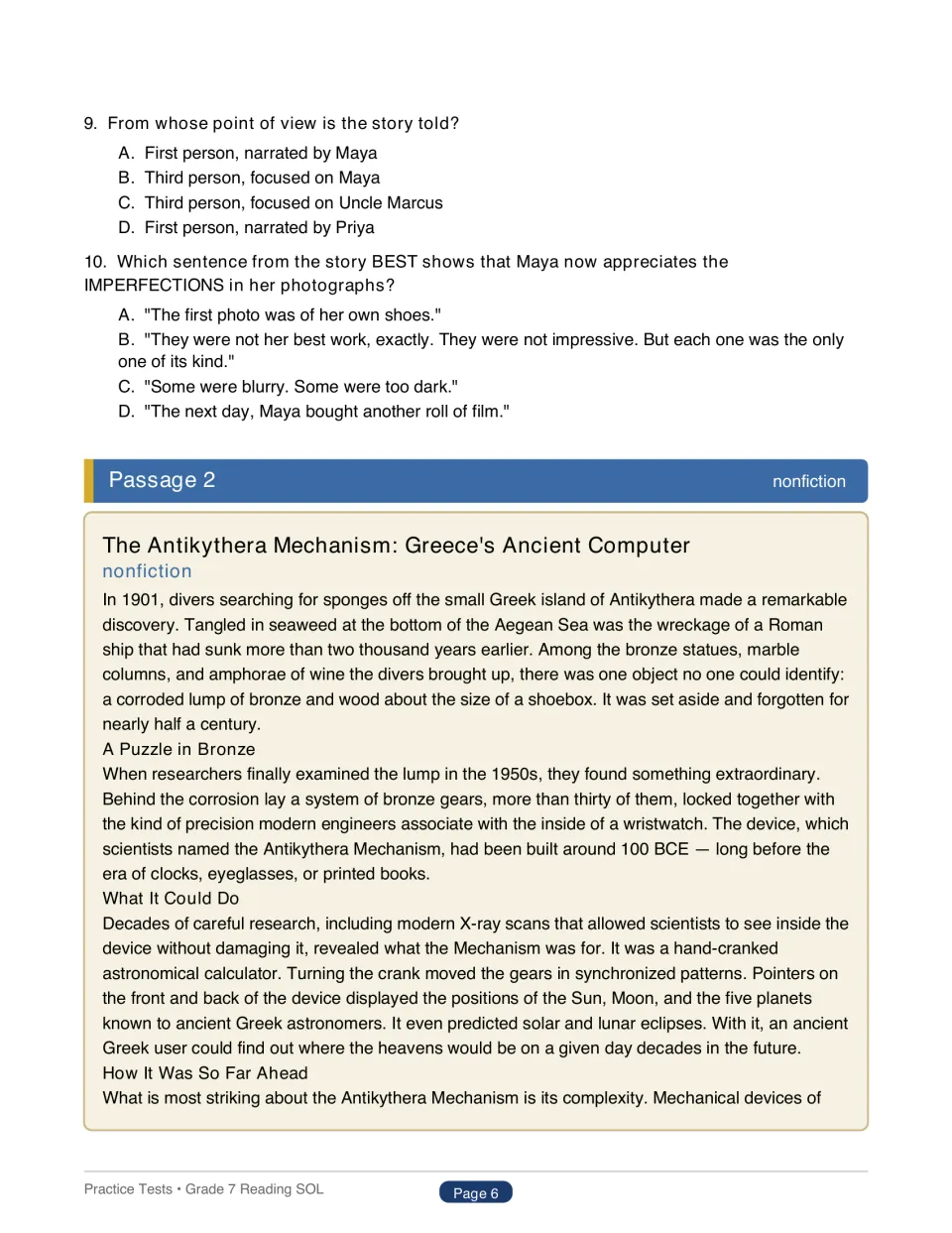 Test 1 questions 9–10 finish The Inherited Camera before a nonfiction passage on the Antikythera Mechanism