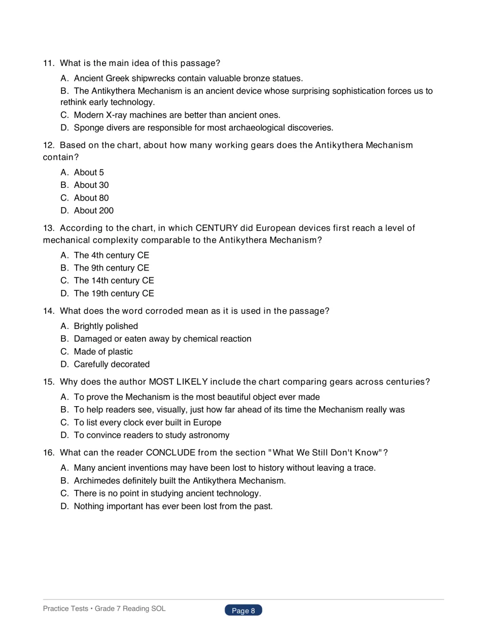 Test 1 questions 11–16 cover the Antikythera passage's main idea, gear chart, vocabulary, and conclusions