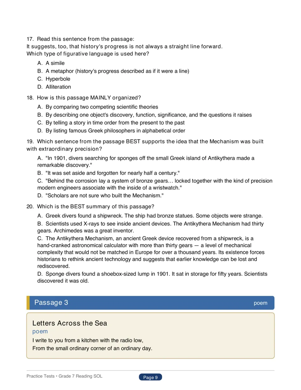 Test 1 questions 17–20 finish the Antikythera passage, followed by the opening of Letters Across the Sea