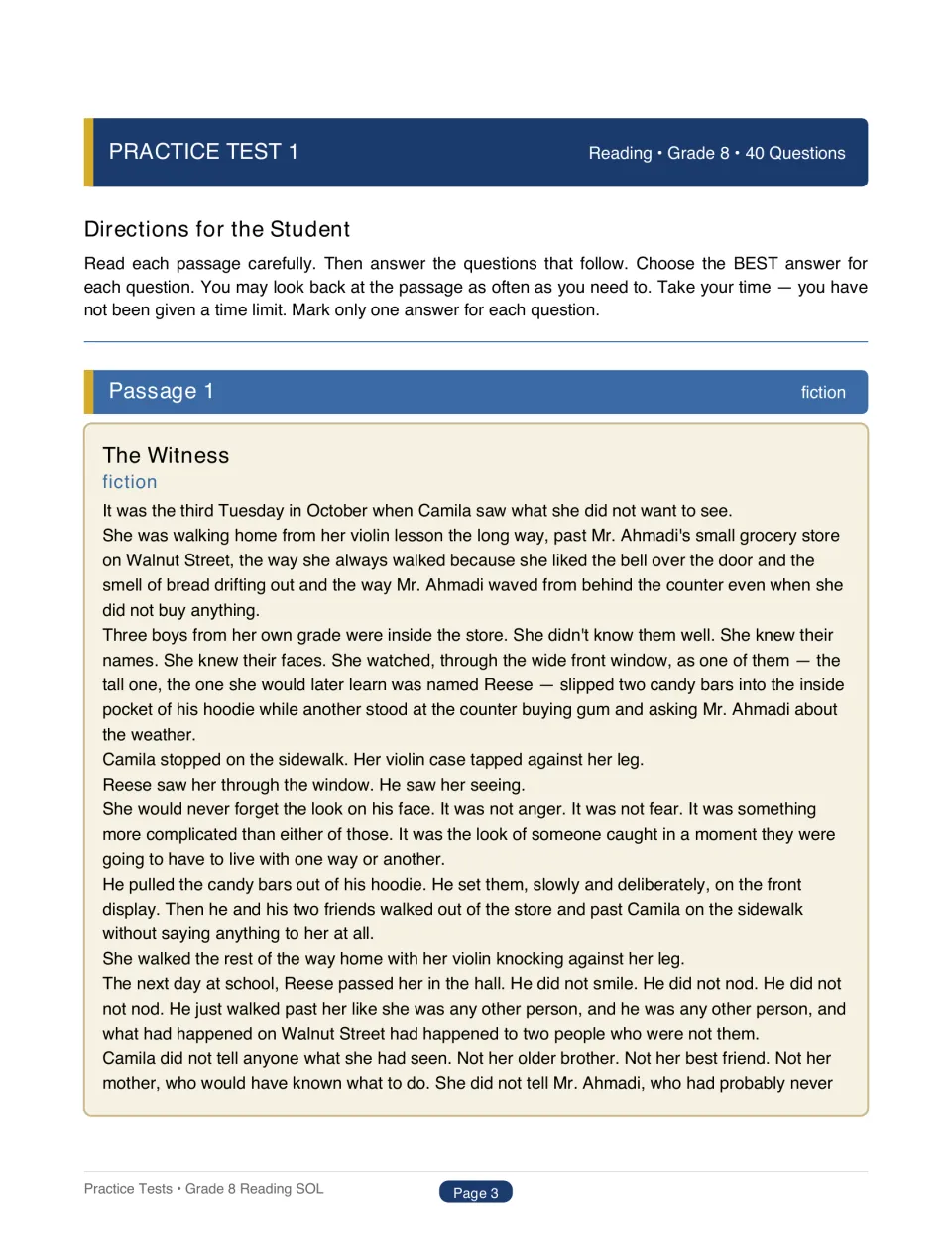 Practice Test 1 opens with directions and fiction Passage 1, The Witness, about Camila seeing a boy take candy bars