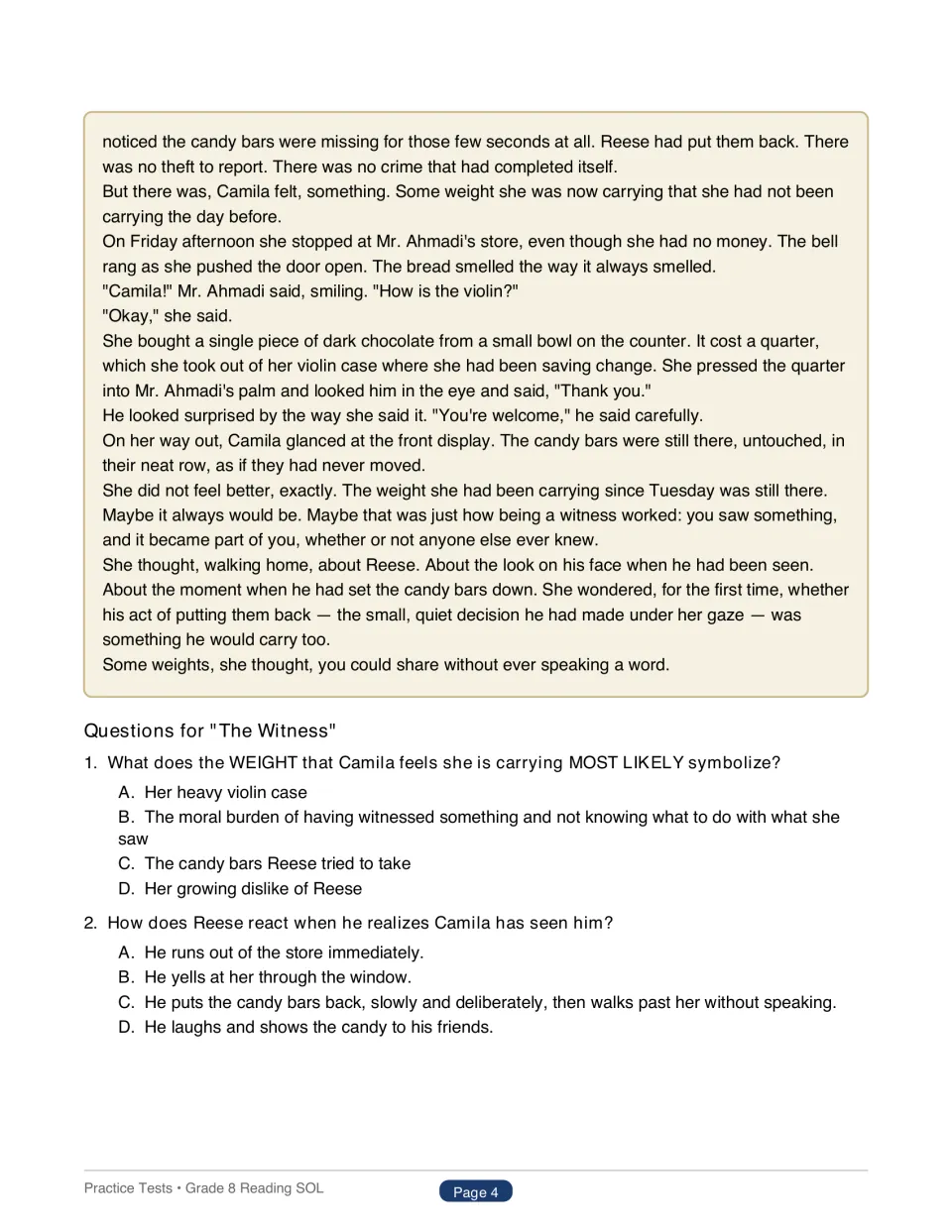 The Witness ending as Camila returns to the store, then questions 1 and 2 on symbolism and character reaction