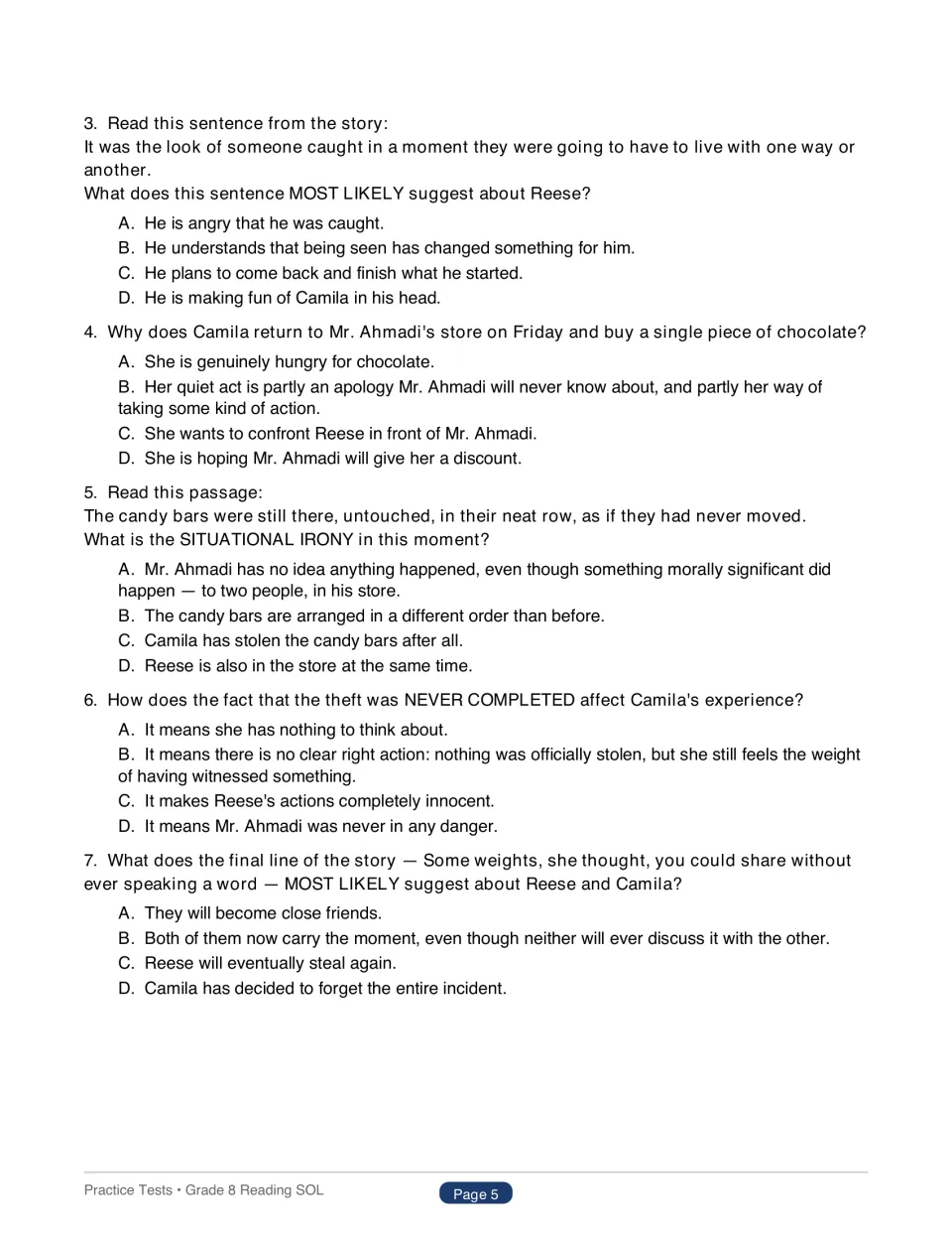Questions 3 to 7 on The Witness: students choose answers about inference, motive, situational irony and the final line