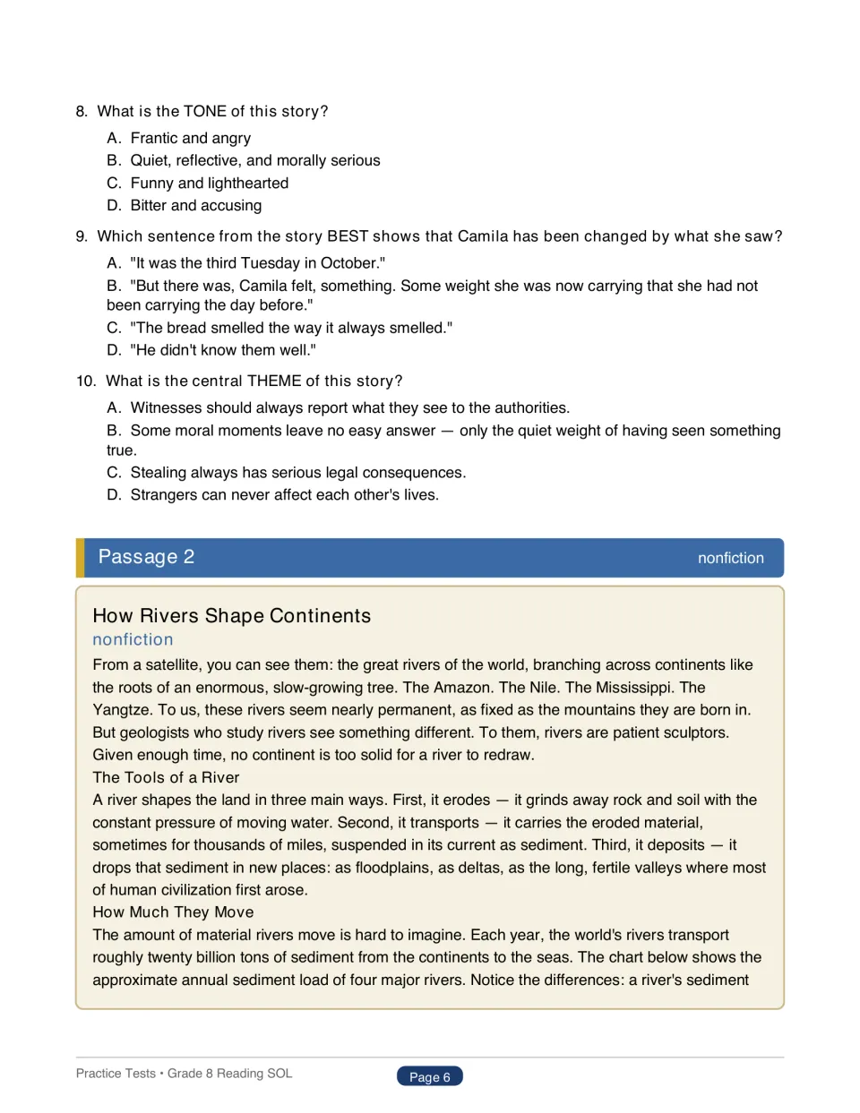 Questions 8 to 10 on tone, evidence and theme, then nonfiction Passage 2, How Rivers Shape Continents begins