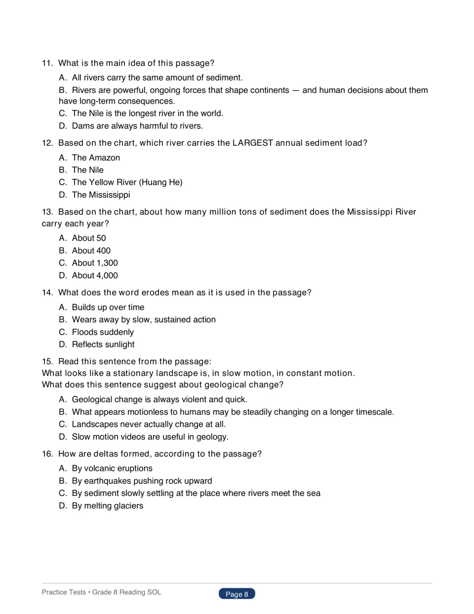 Questions 11 to 16 on the rivers article: main idea, reading the sediment chart, the meaning of erodes and how deltas form
