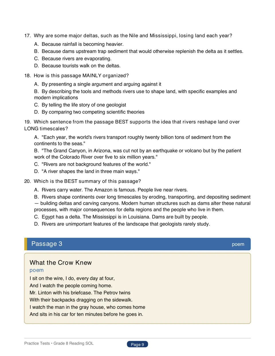 Questions 17 to 20 on cause, structure, evidence and summary, then Passage 3, the poem What the Crow Knew, begins