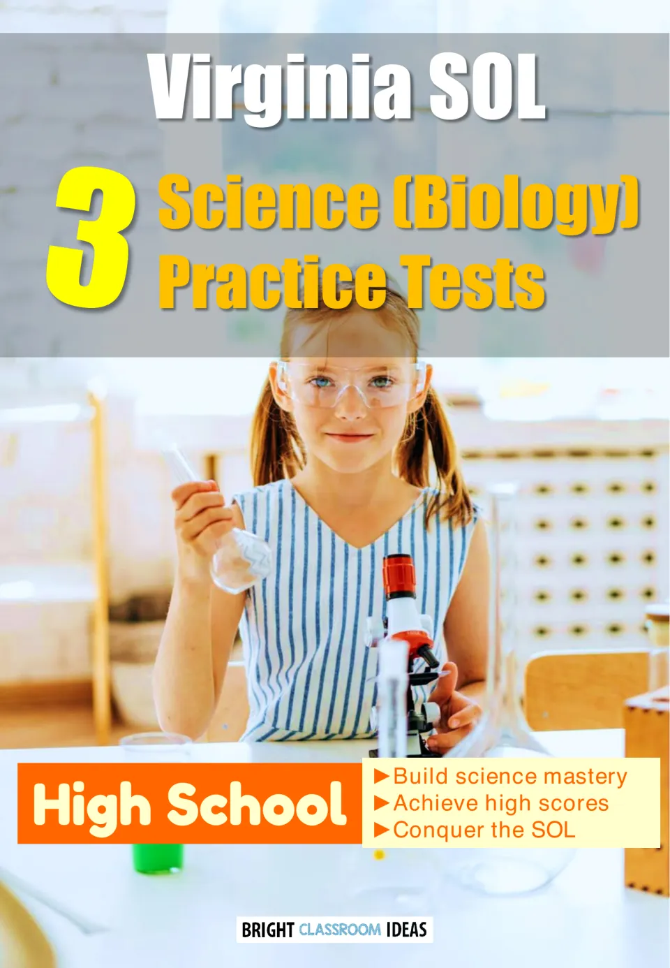 Cover of the Virginia SOL biology resource identifying three science practice tests for high school students