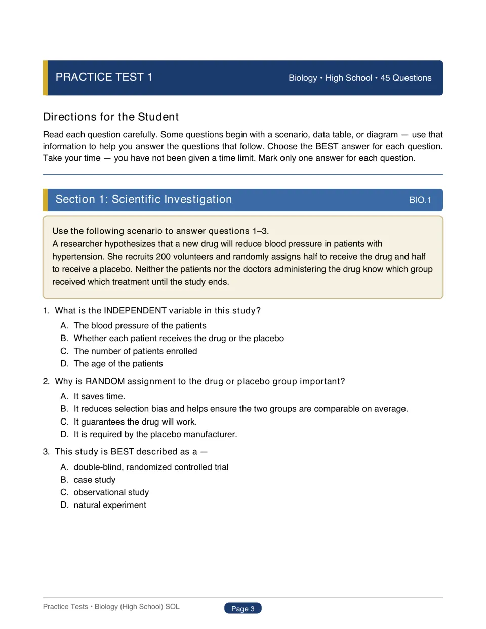 Test 1 begins with directions and questions 1–3 about variables, random assignment, and a double-blind drug study