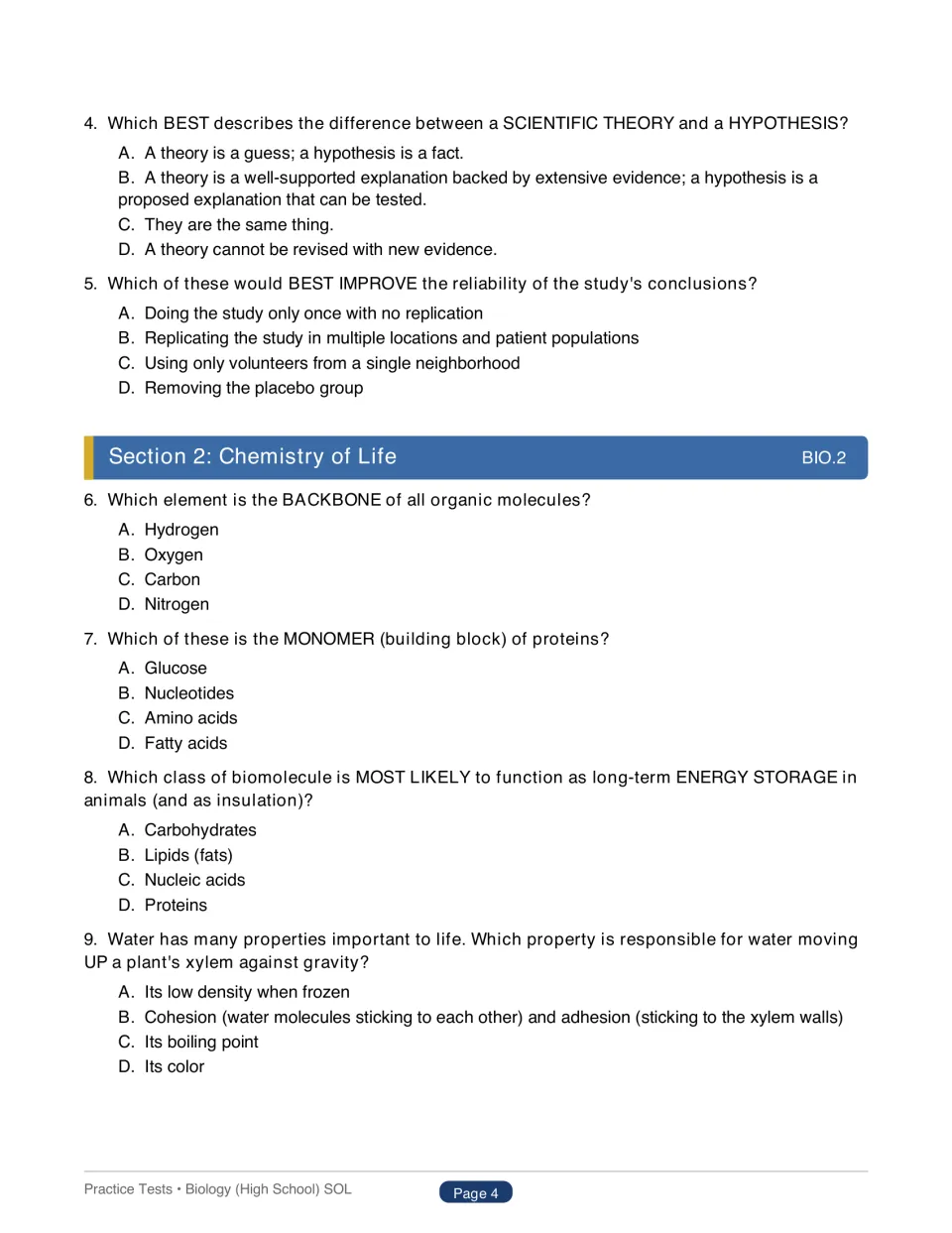 Test 1 questions 4–9 cover theories, hypotheses, study reliability, carbon, proteins, lipids, and water properties