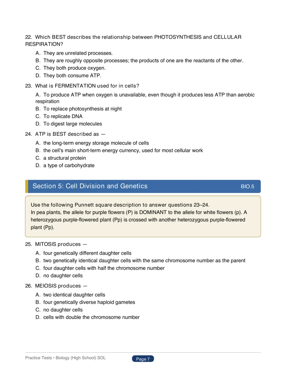 Test 1 questions 22–26 cover cellular energy, fermentation, ATP, mitosis, and meiosis, with a pea-cross scenario