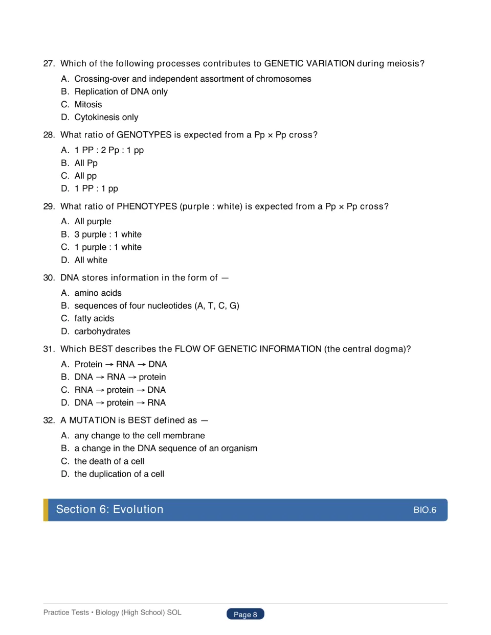 Test 1 questions 27–32 address genetic variation, pea-cross ratios, DNA, gene information flow, and mutations