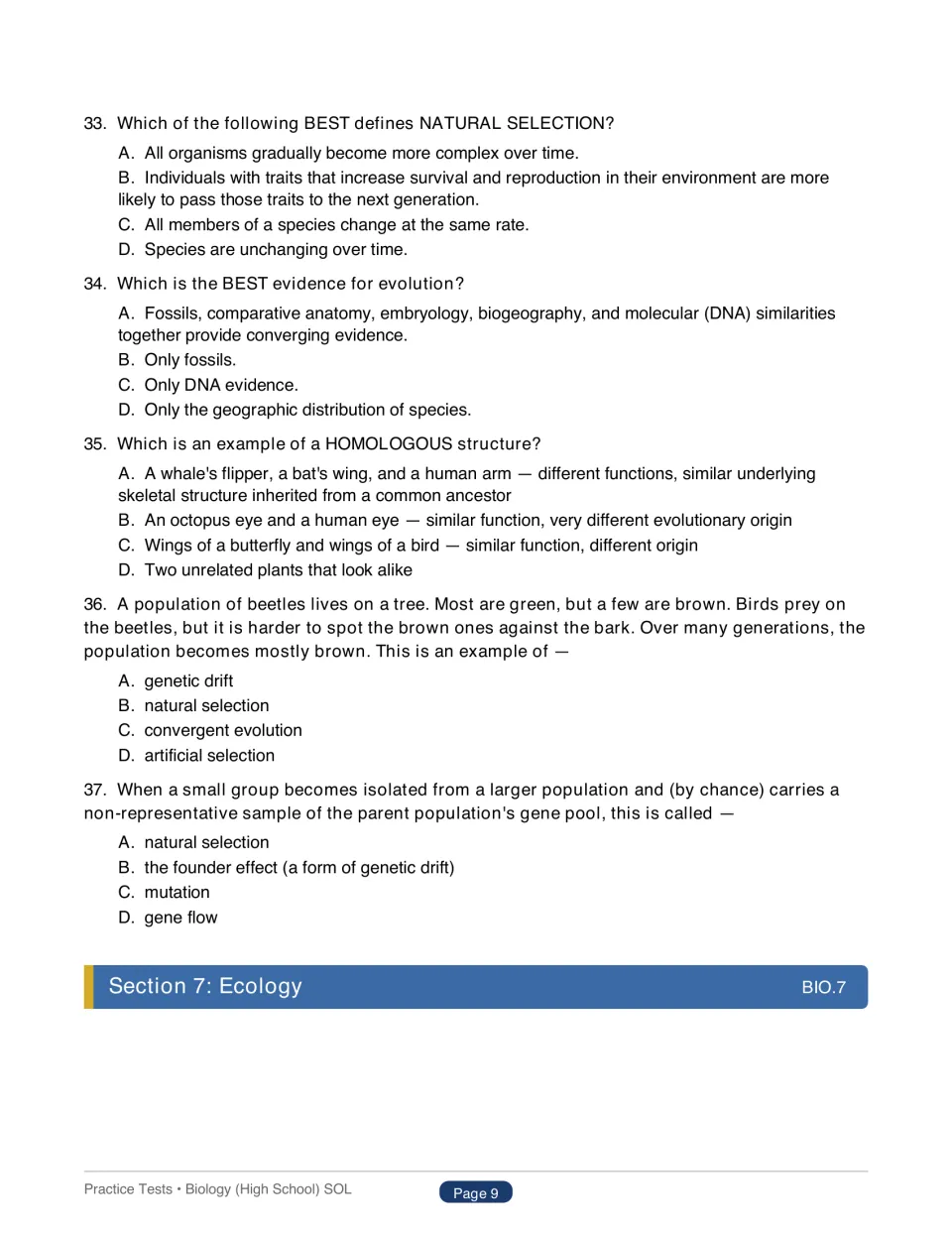 Test 1 questions 33–37 cover natural selection, evidence for evolution, homologous structures, and founder effect