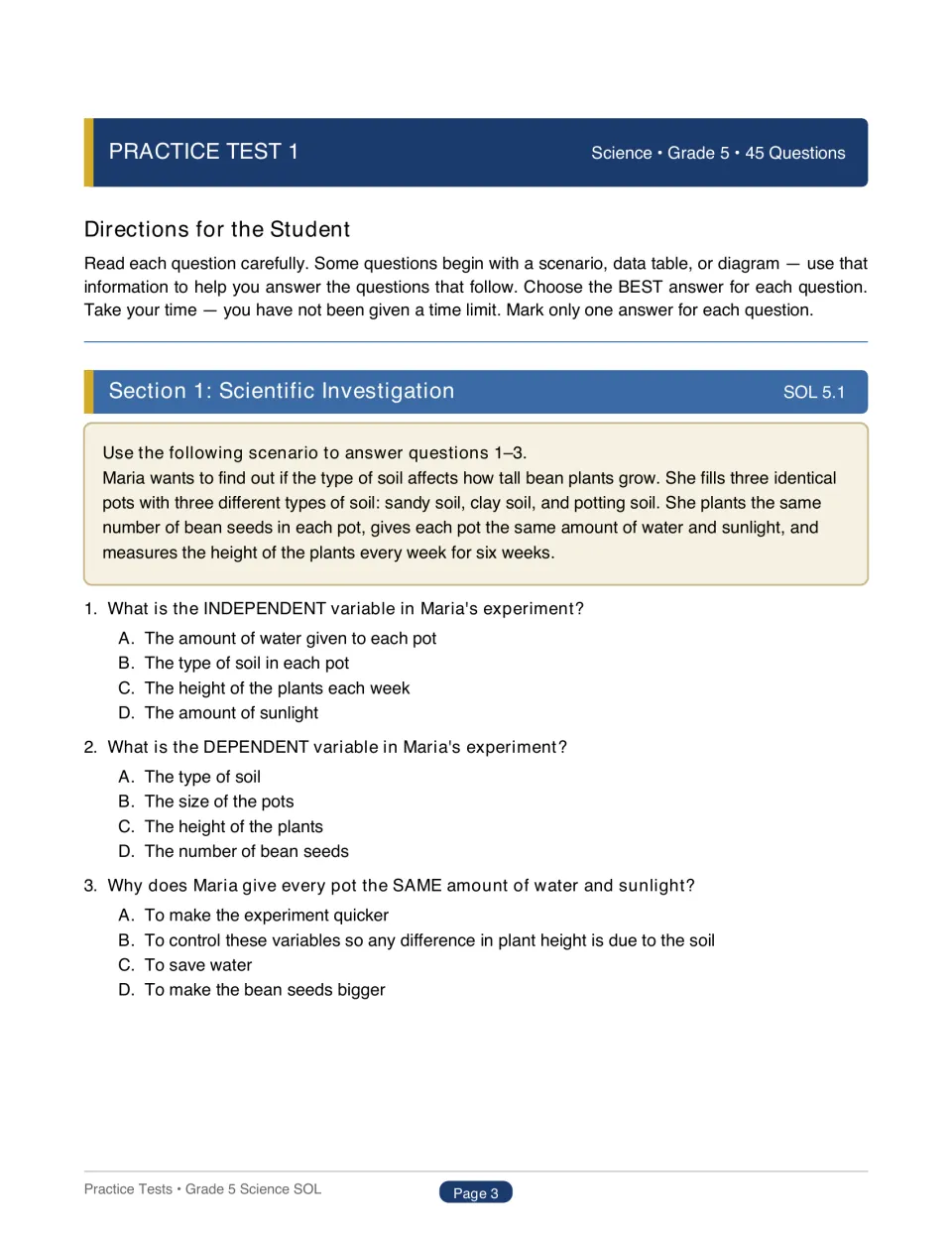 Practice Test 1, scientific investigation: students read a soil and bean plant experiment and identify its variables