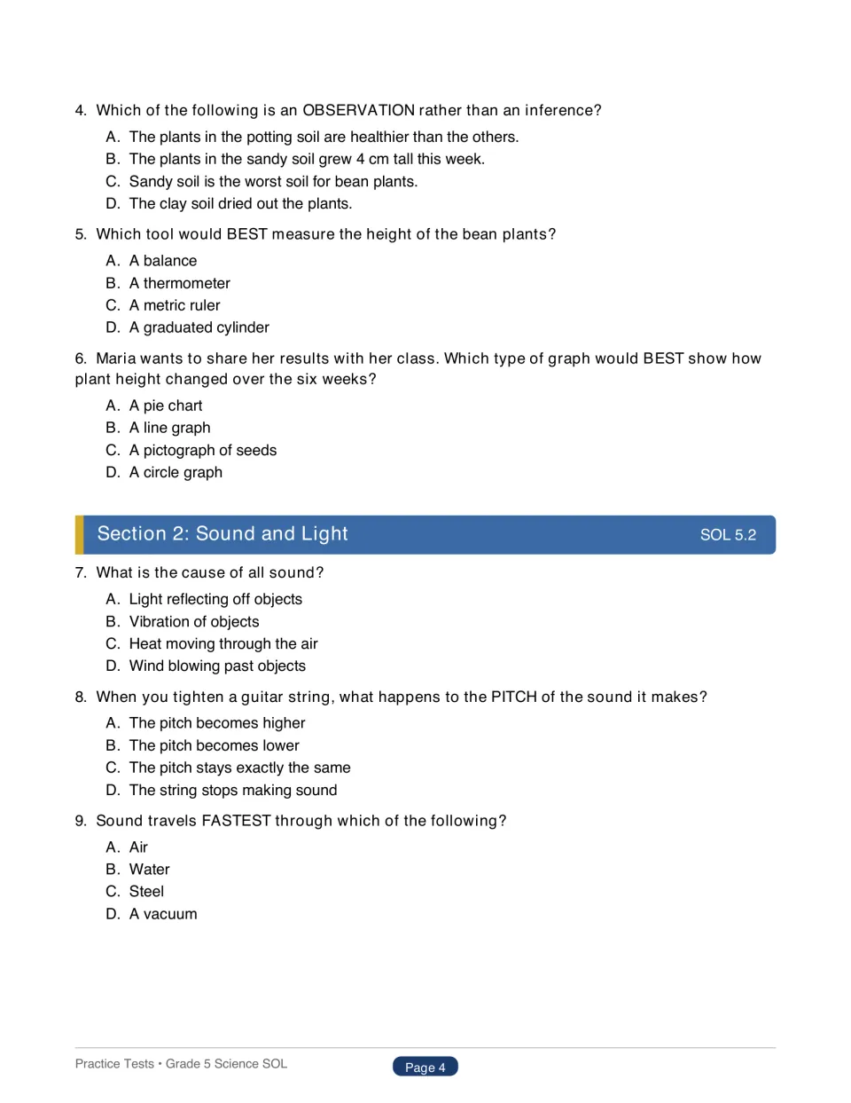 Investigation and sound questions 4–9: observation vs. inference, measuring tools, graph choice, vibration and pitch