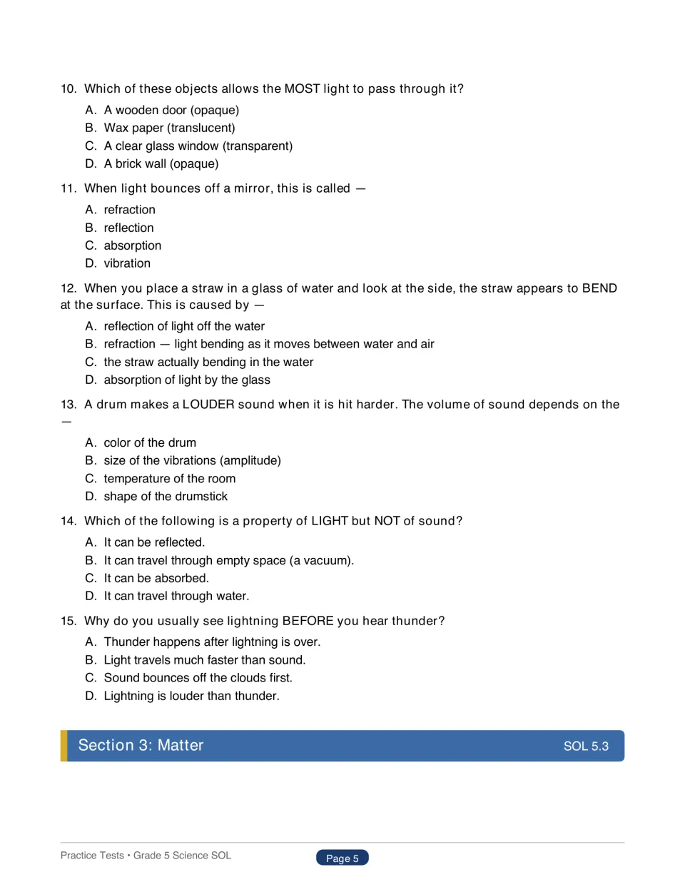 Sound and light questions 10–15: students answer items on transparency, reflection, refraction, amplitude and lightning