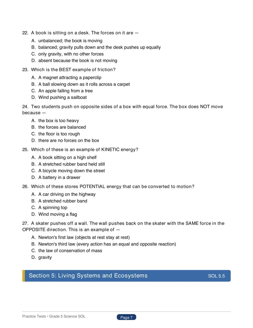 Force, motion and energy questions 22–27: balanced forces, friction, kinetic and potential energy, and Newton's third law