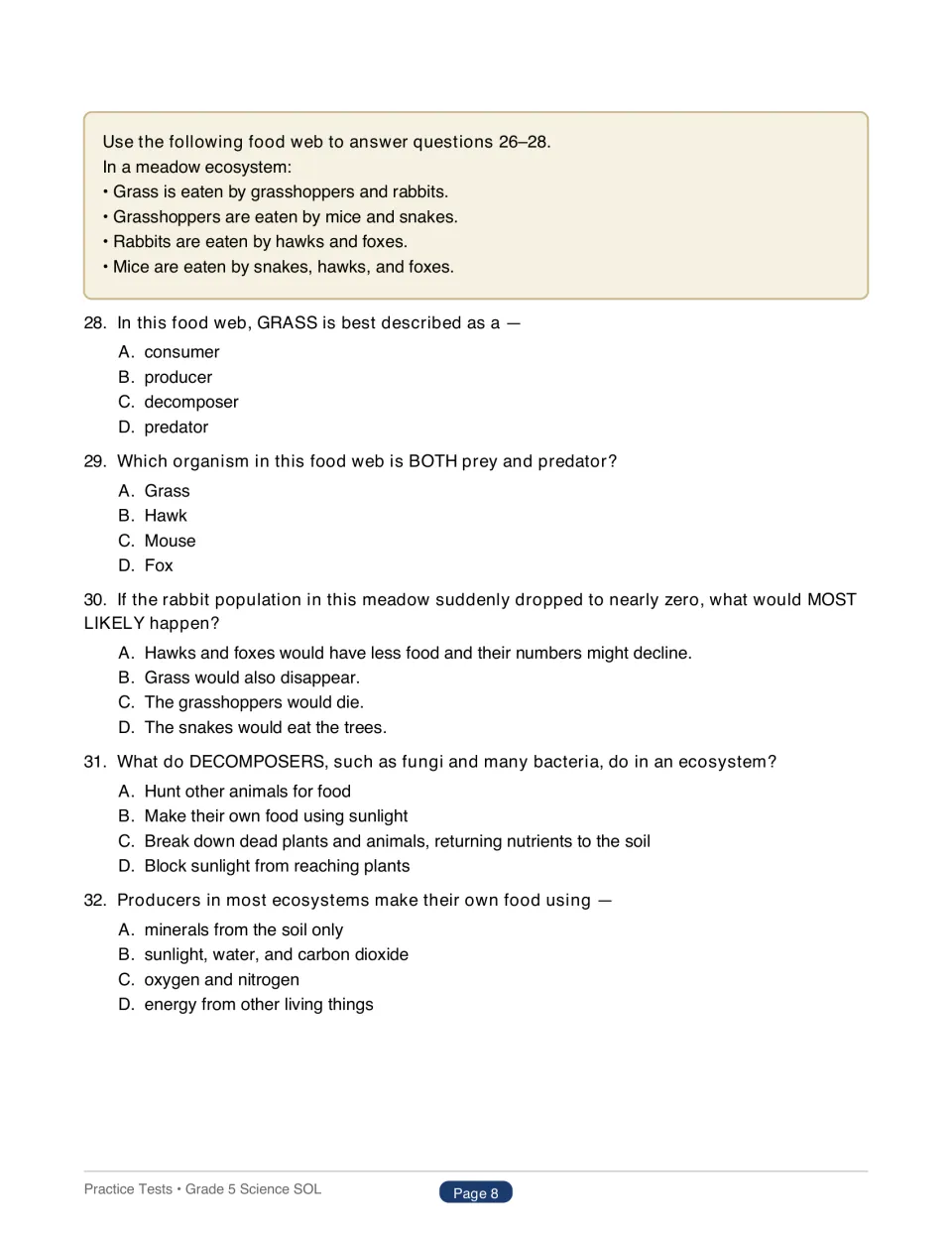 Meadow food web questions 28–32: identify producers, prey and predators, decomposers, and effects of losing rabbits