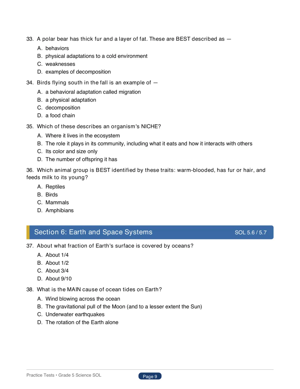 Living things and Earth questions 33–38: physical vs. behavioral adaptations, niche, mammal traits, oceans and tides