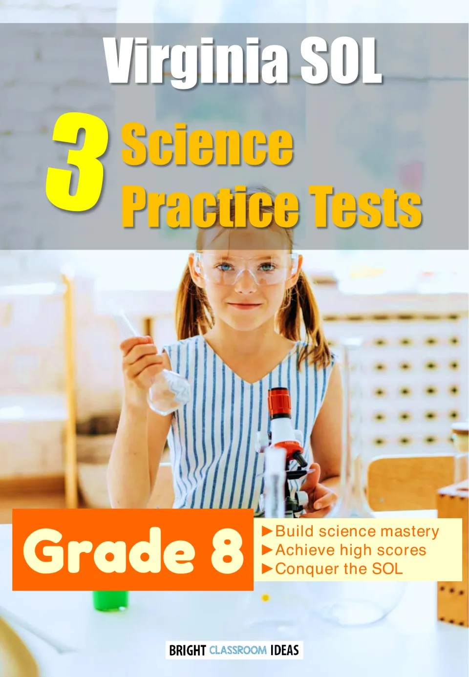 Virginia SOL cover: 3 Science Practice Tests for Grade 8, showing a student in safety goggles with a flask and microscope