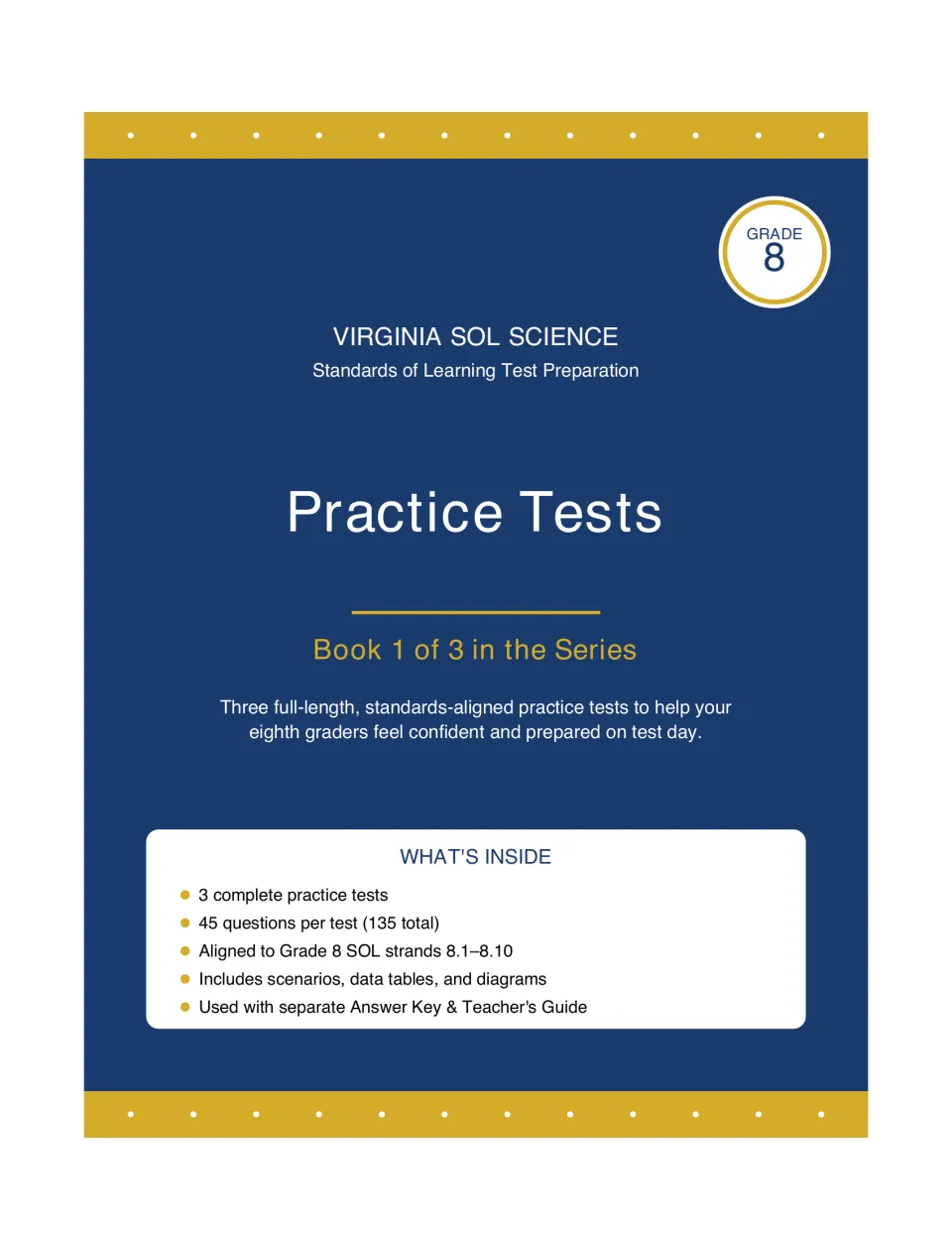 Virginia SOL Science title page, Book 1 of 3: What's Inside lists 3 practice tests of 45 questions with data tables