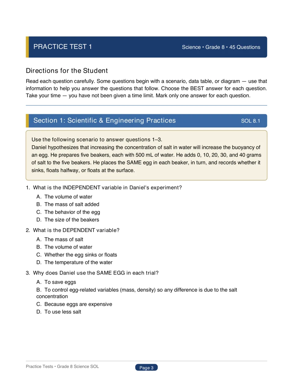Practice Test 1, scientific investigation: students read Daniel's salt-water egg buoyancy scenario and identify variables