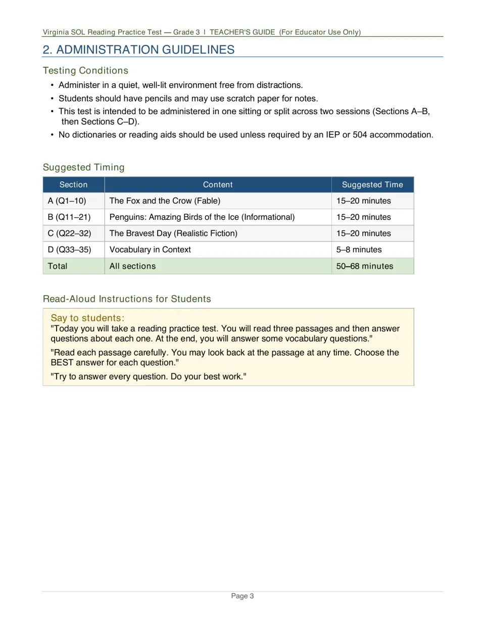 Teacher’s guide administration directions, section timing totaling 50–68 minutes, and student instructions