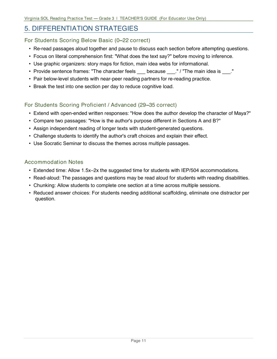 Teacher’s guide differentiation for scores of 0–22 and 29–35, plus extended time and read-aloud accommodations