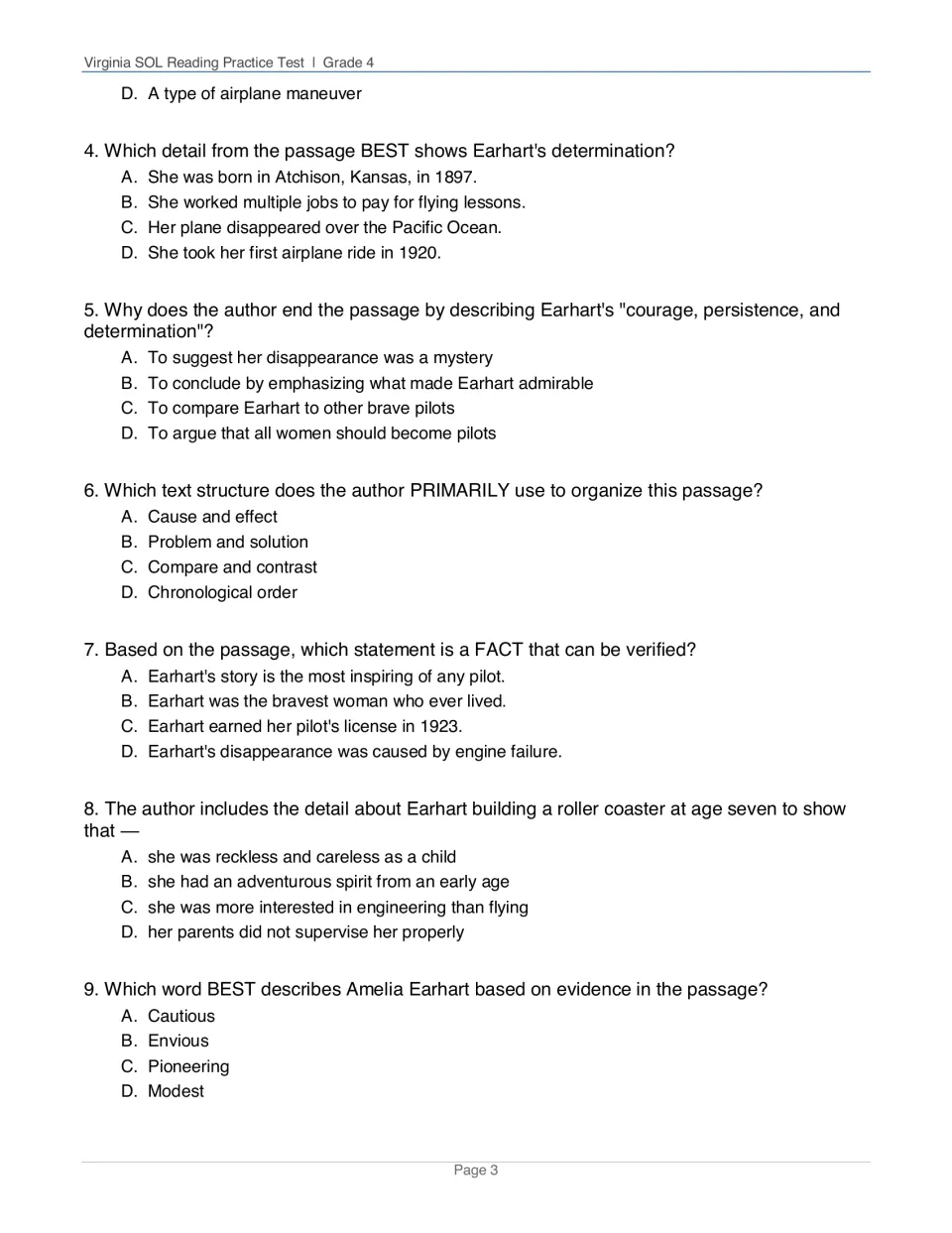 Earhart questions 4 to 9: students pick supporting details, text structure, fact vs. opinion and a word describing Earhart