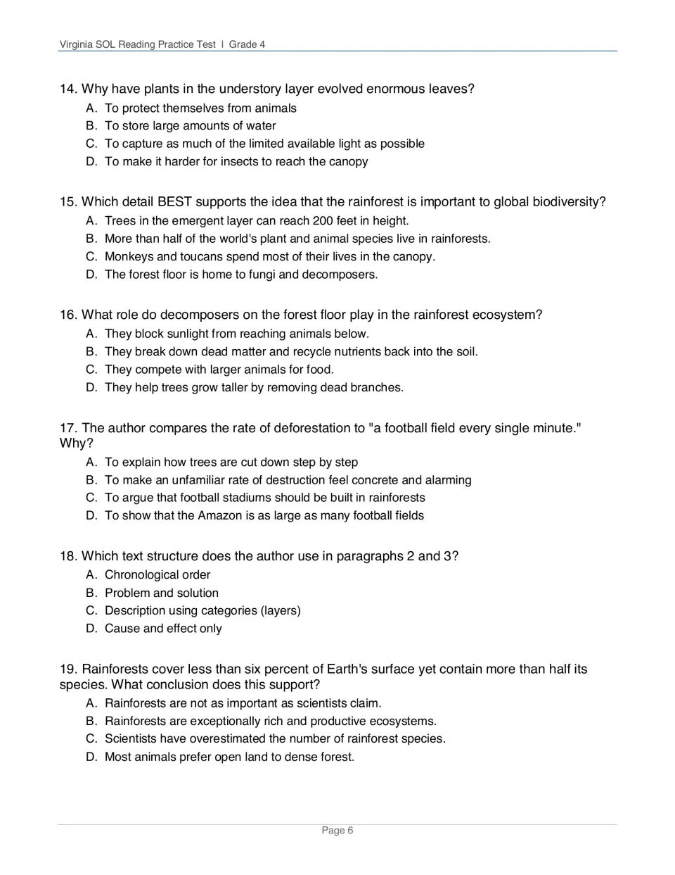 Rainforest questions 14 to 19: students explain decomposers, author's comparison and text structure, and draw a conclusion