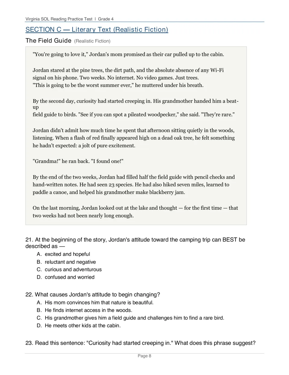 The Field Guide realistic fiction story: students read about Jordan's cabin trip and answer questions on attitude and cause