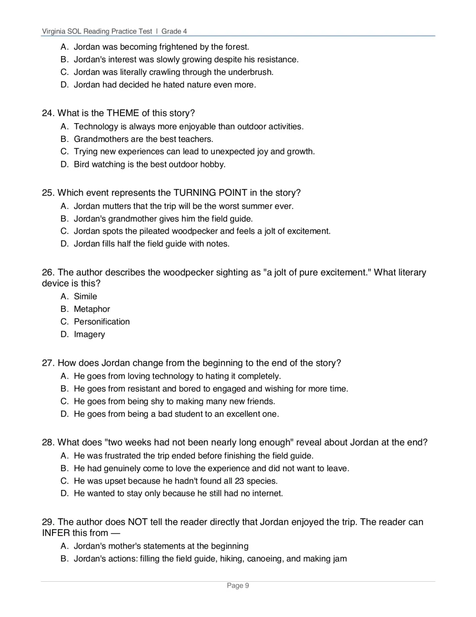 Field Guide questions 23 to 29: students identify theme, turning point, literary device, character change and inference