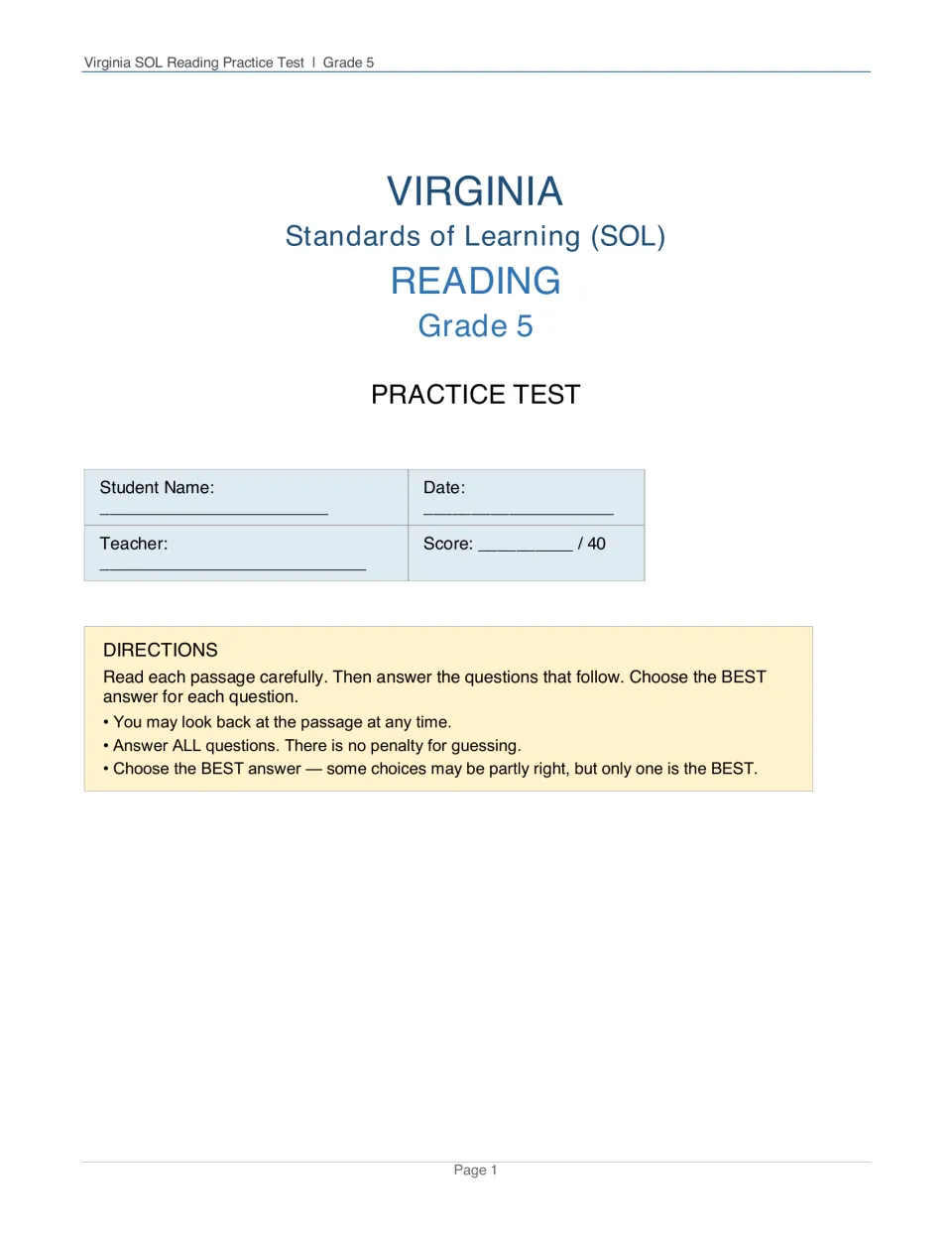 Title page with name, date, teacher and score out of 40, plus directions to read each passage and choose the BEST answer