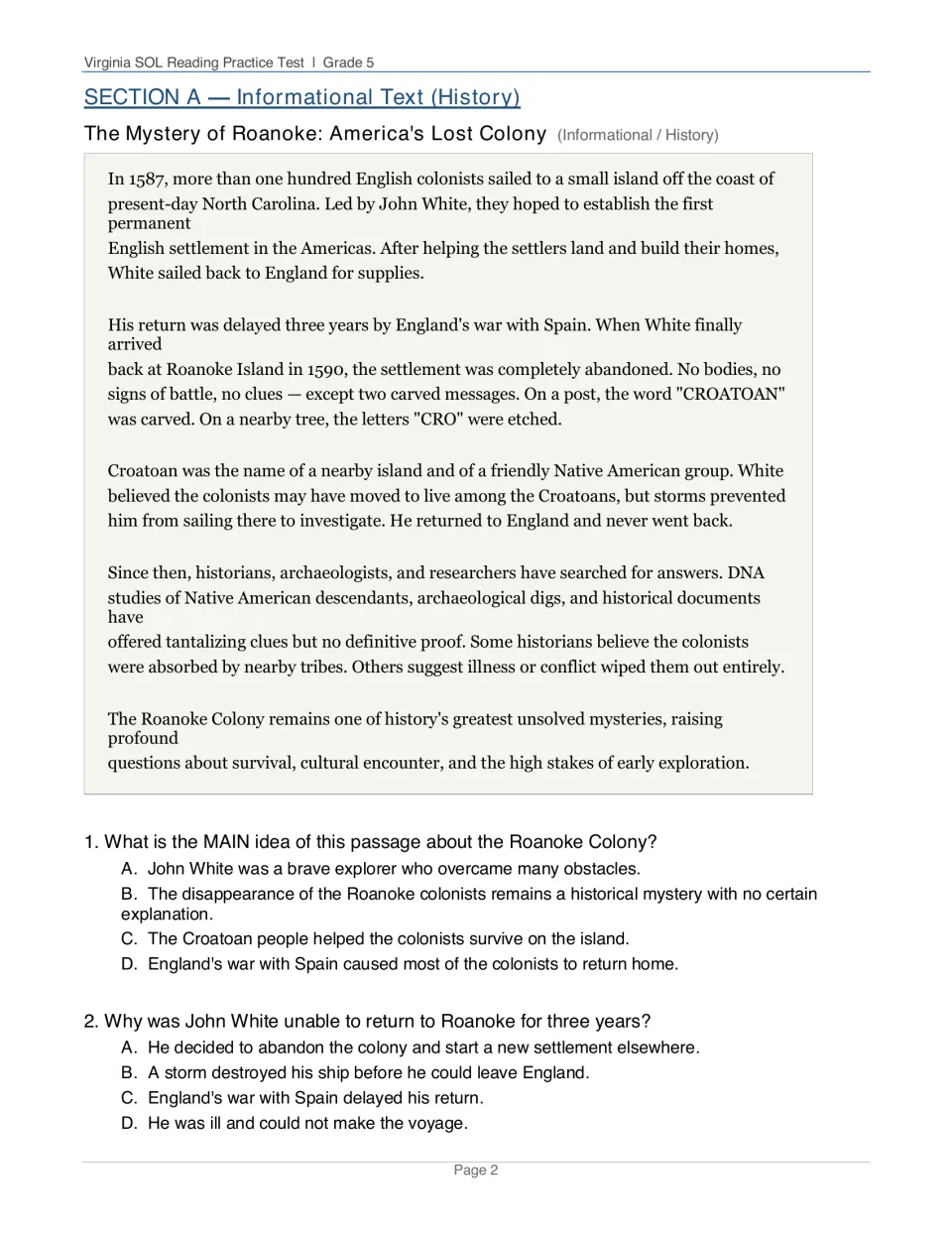 Roanoke lost colony history passage: students read about the CROATOAN carving, answer main idea and detail questions 1-2