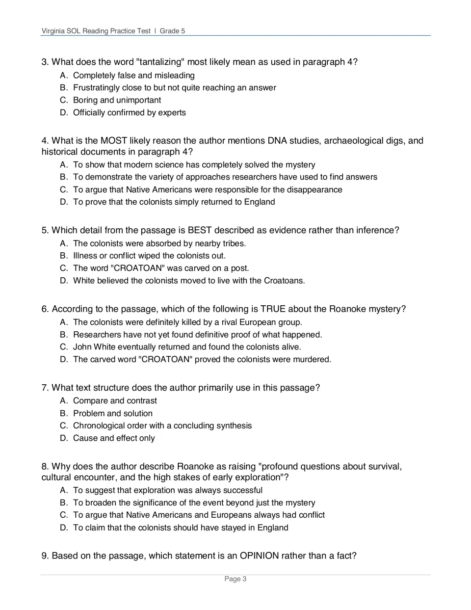 Roanoke questions 3-9: students define tantalizing, tell evidence from inference, and identify text structure and purpose
